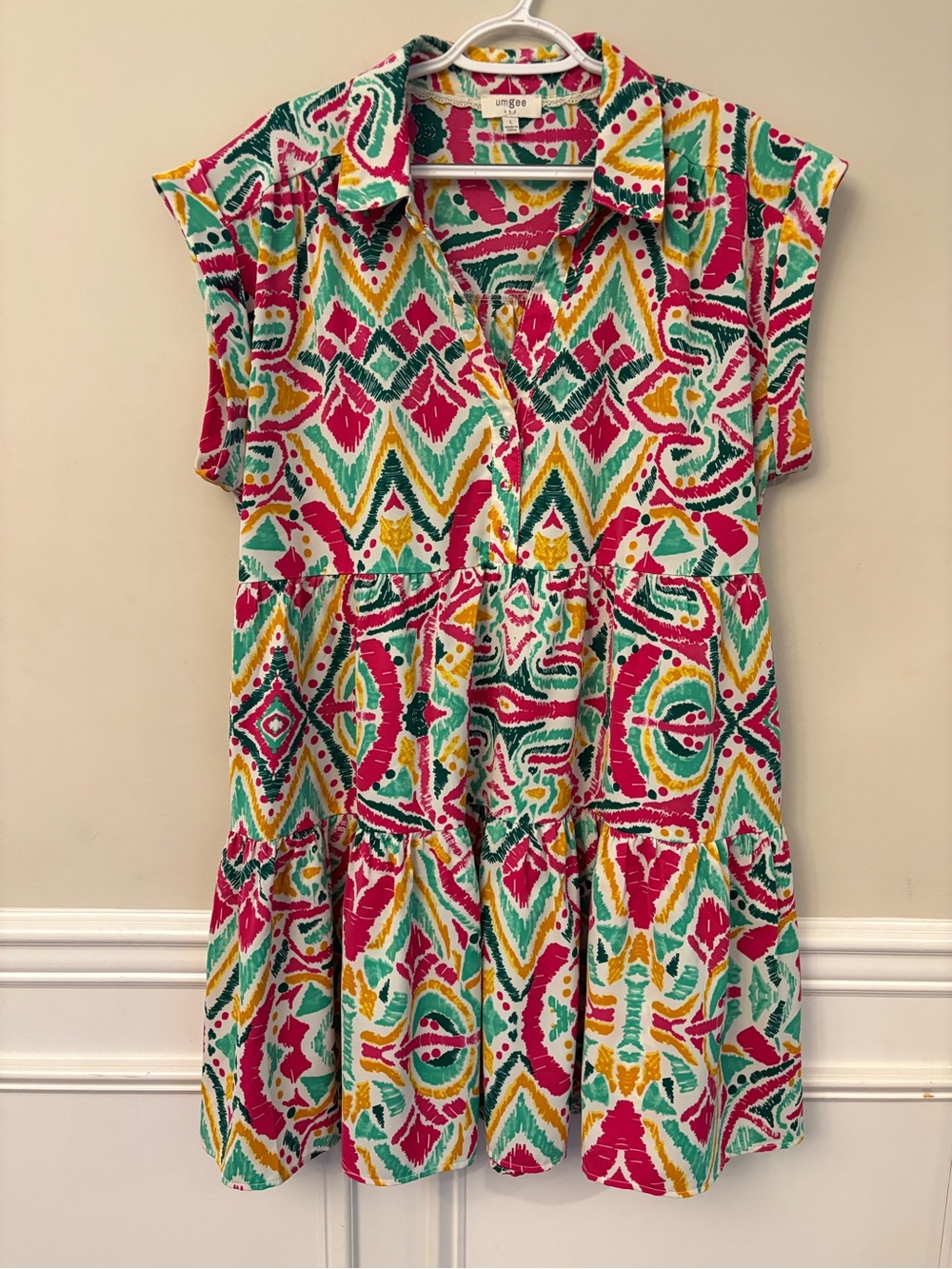 Umgee Bright Multicolor Geometric Button-Up Tunic - Pink, Teal, Yellow